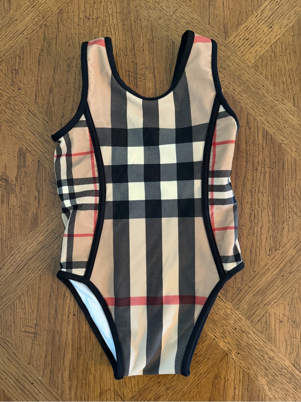 Burberry Beige Plaid Toddler One-Piece Swimsuit with Black Trim - 18 Months